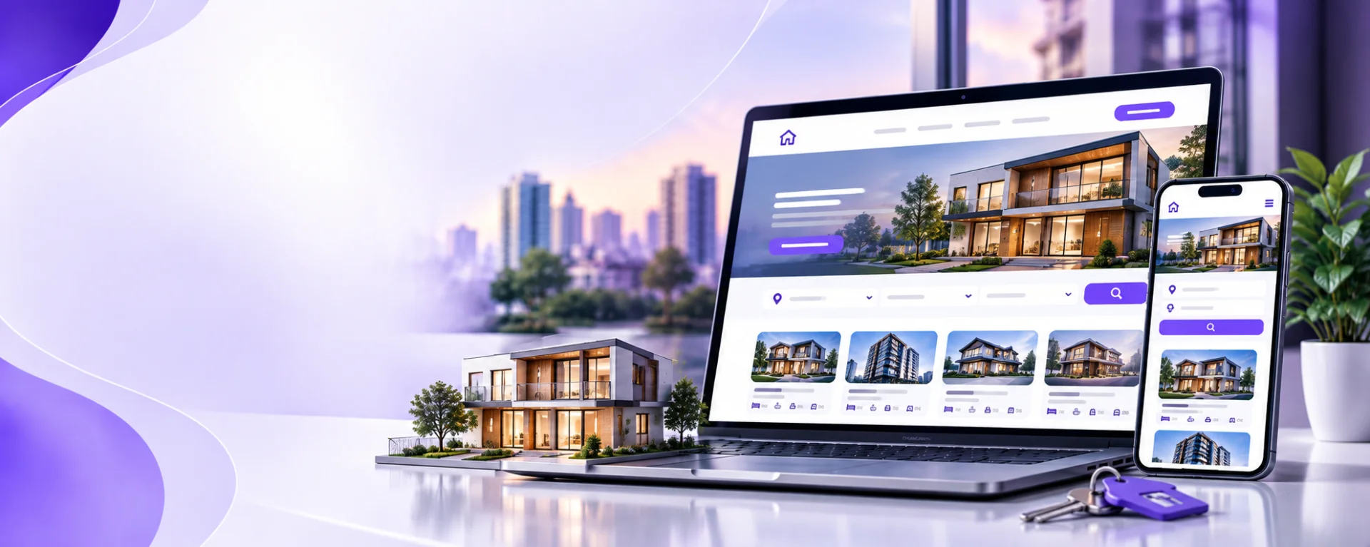 Notebook e smartphone exibindo um site imobiliário moderno, com busca de imóveis, fotografias de casas e apartamentos e identidade visual em tons de roxo.