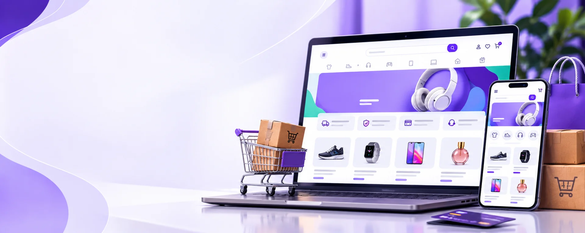 Banner da Ampli Ecommerce com notebook e smartphone apresentando uma loja virtual moderna.
