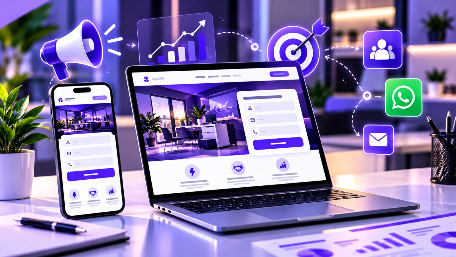Notebook e smartphone exibindo uma interface moderna de e-mail empresarial, com elementos de comunicação digital e identidade visual em roxo e lilás.