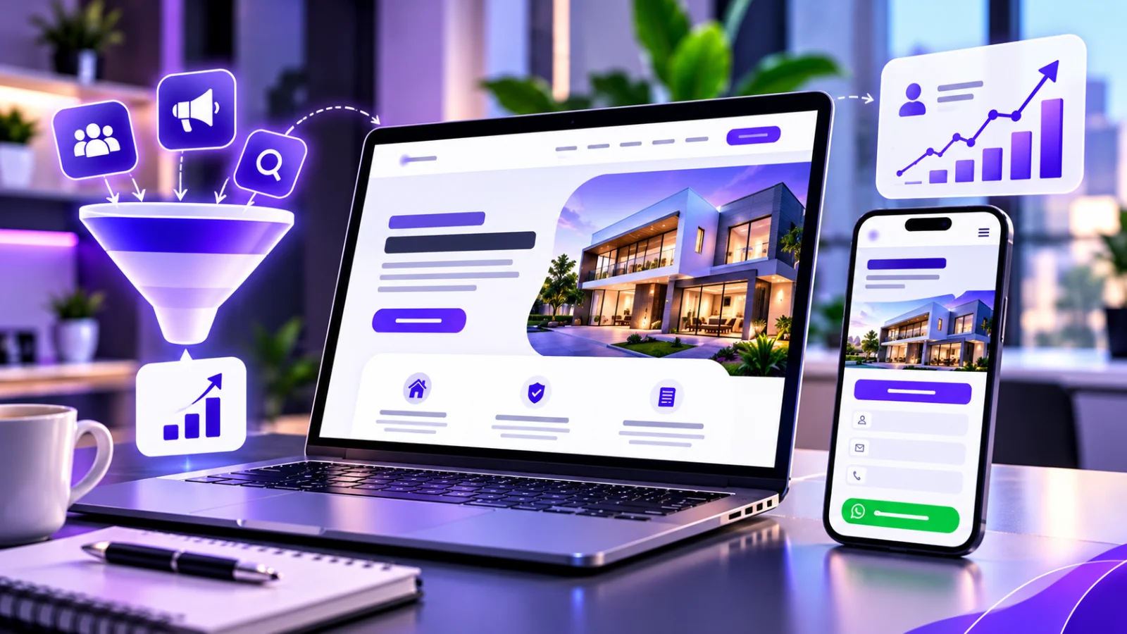 Notebook e smartphone exibindo uma landing page moderna com formulário de contato, elementos de marketing digital e gráficos, em tons de roxo e lilás.