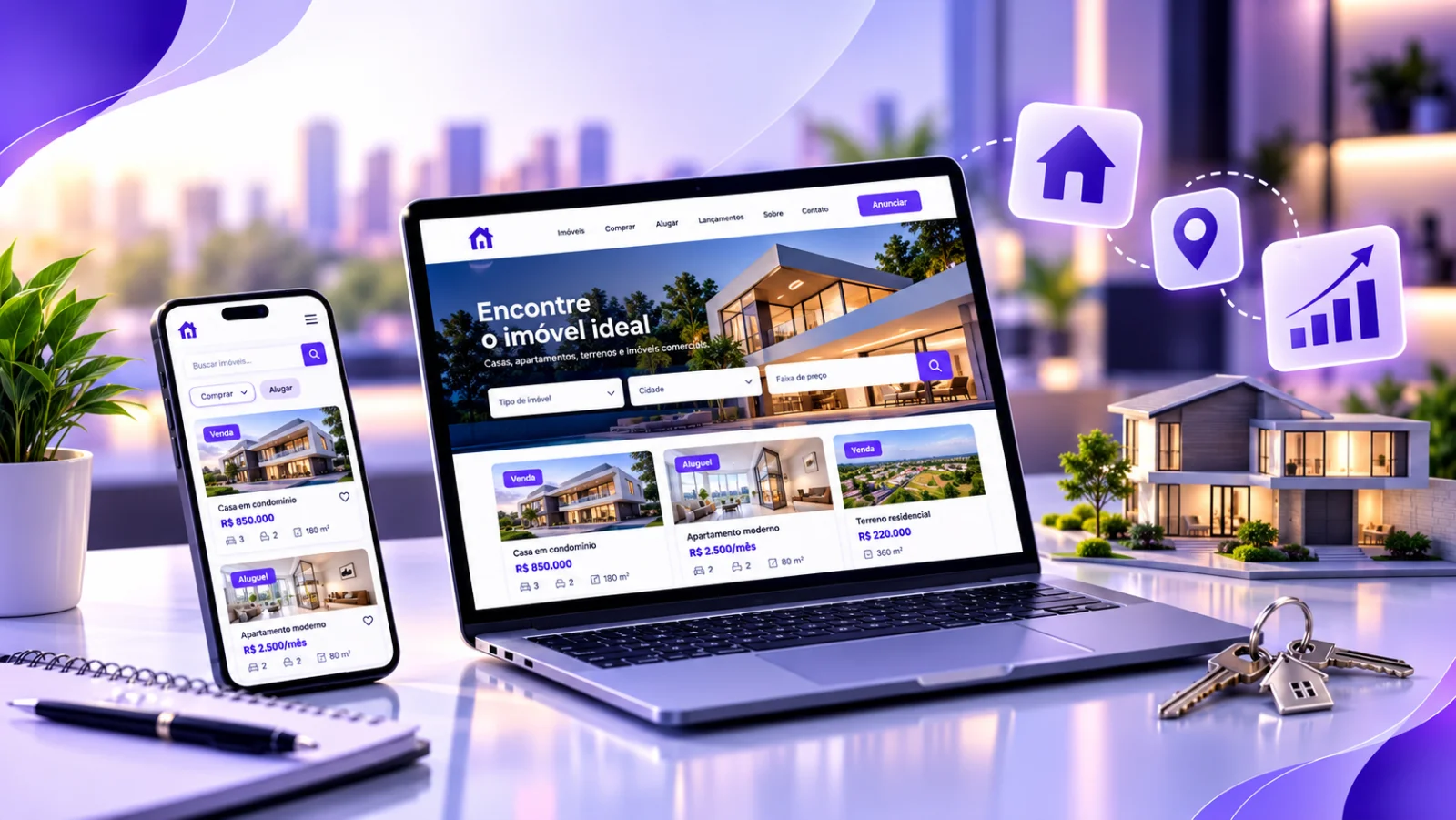 Notebook e smartphone exibindo um site imobiliário moderno com anúncios de casas e apartamentos, em um ambiente profissional com tons de roxo e lilás.