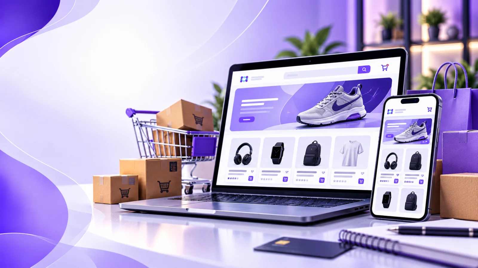 Loja virtual exibida em notebook e smartphone, representando as vantagens de vender produtos pela internet.
