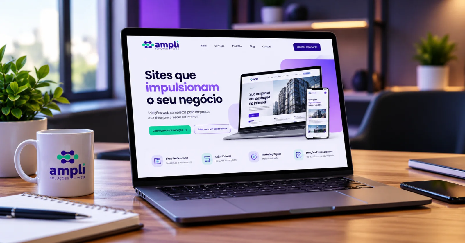 Notebook exibindo um site profissional moderno em um ambiente de trabalho.