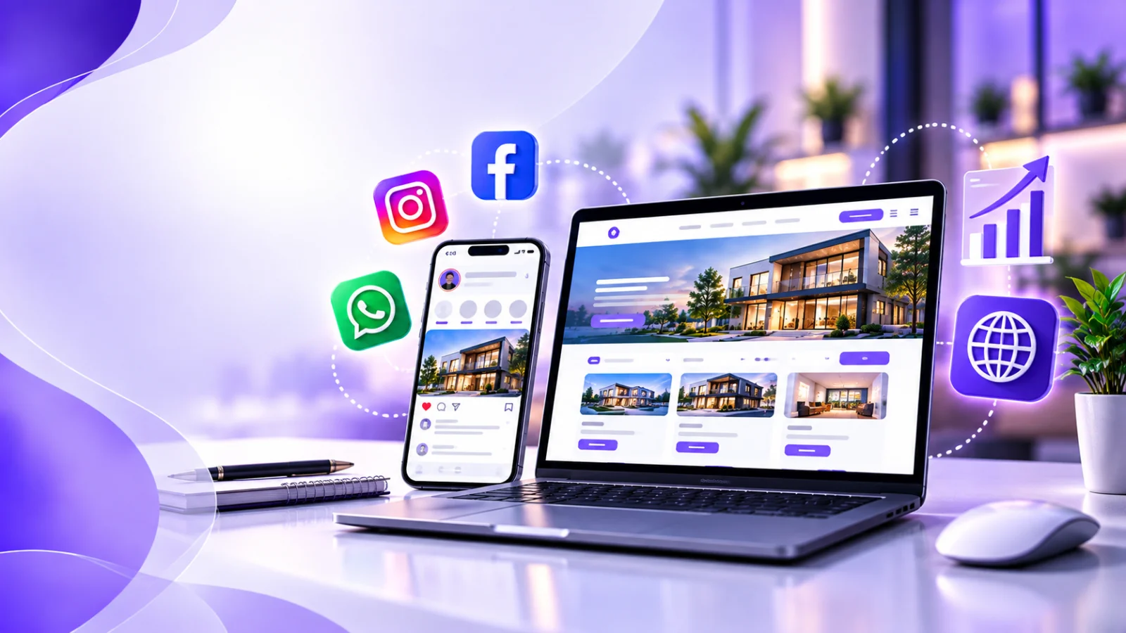 Notebook exibindo um site empresarial e smartphone representando redes sociais, em uma composição moderna com tons de roxo e lilás.
