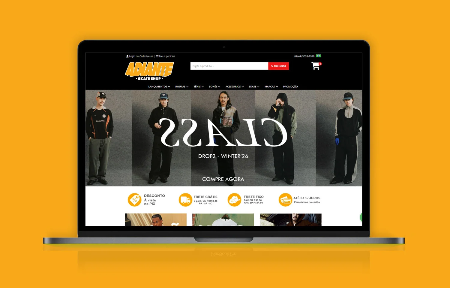 Página inicial da loja virtual Adiante Skate Shop, desenvolvida na plataforma Ampli Ecommerce, com produtos de skate, roupas e acessórios.
