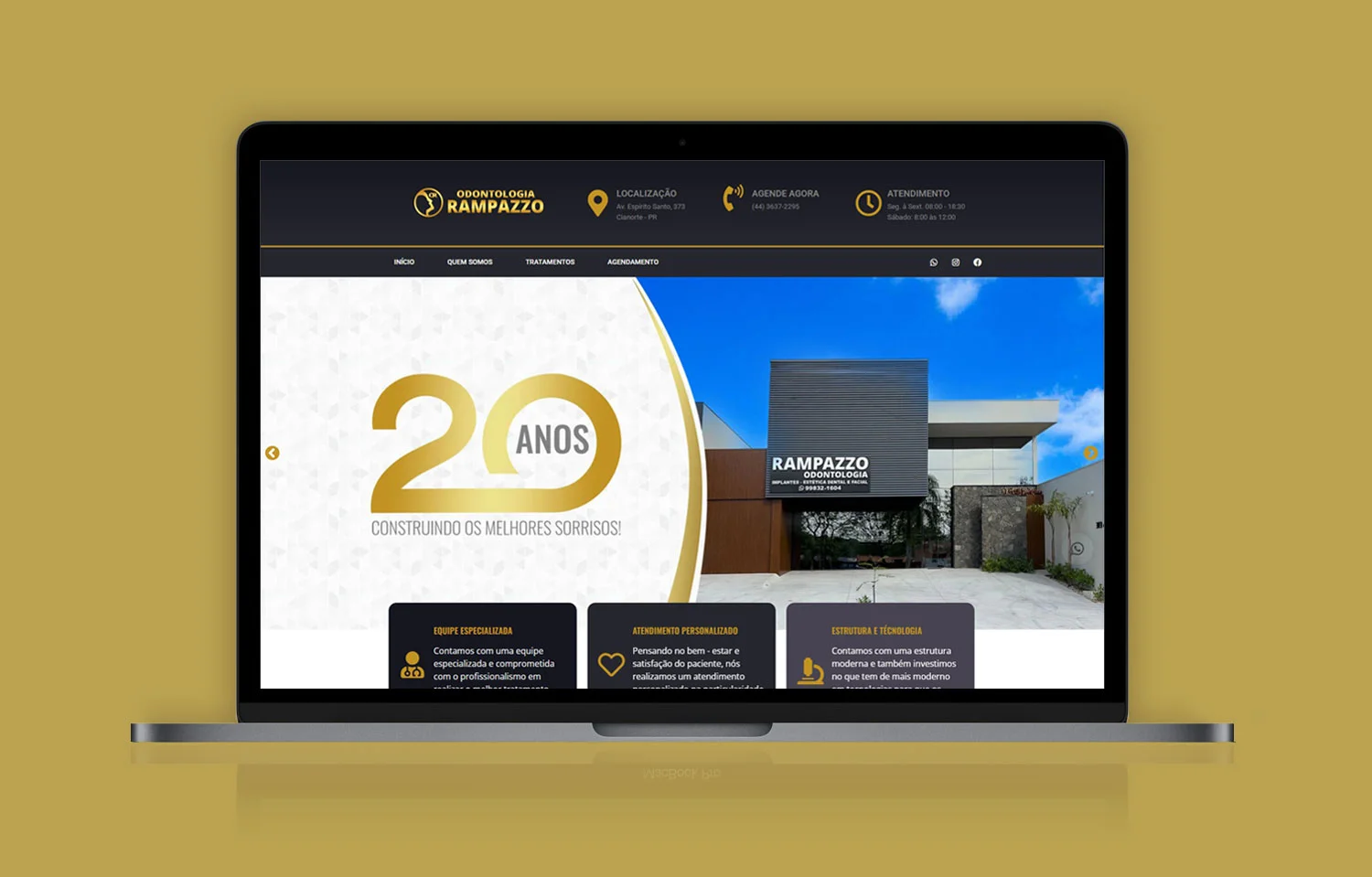 Página inicial do site institucional da Odontologia Rampazzo, com identidade visual profissional para clínica odontológica.