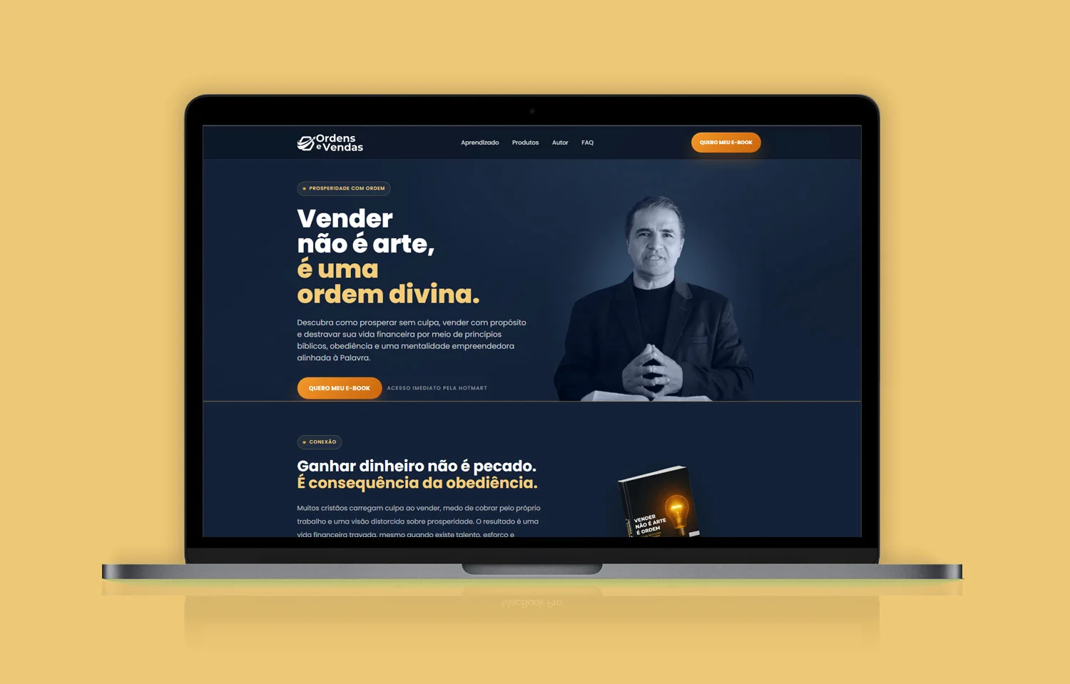 Landing Page Ordens e Vendas, com apresentação de e-books sobre empreendedorismo, vendas e princípios bíblicos.