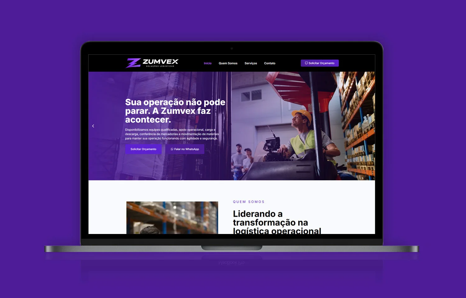 Página inicial do site institucional da Zumvex, com apresentação de soluções logísticas, serviços operacionais e canais de contato.
