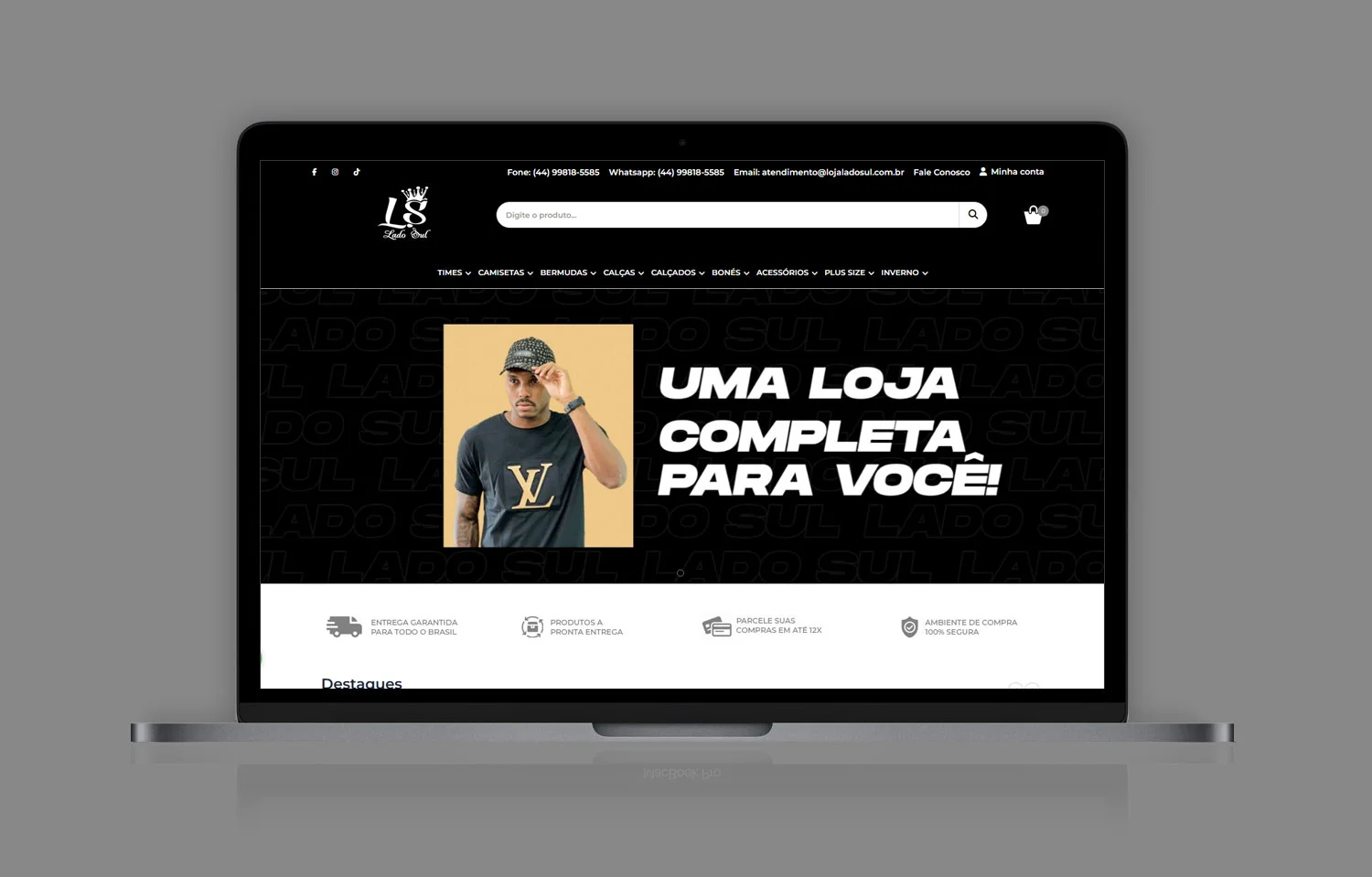 Página inicial da loja virtual Loja Lado Sul, desenvolvida na plataforma Ampli Ecommerce, com catálogo de roupas masculinas, tênis e moda esportiva.