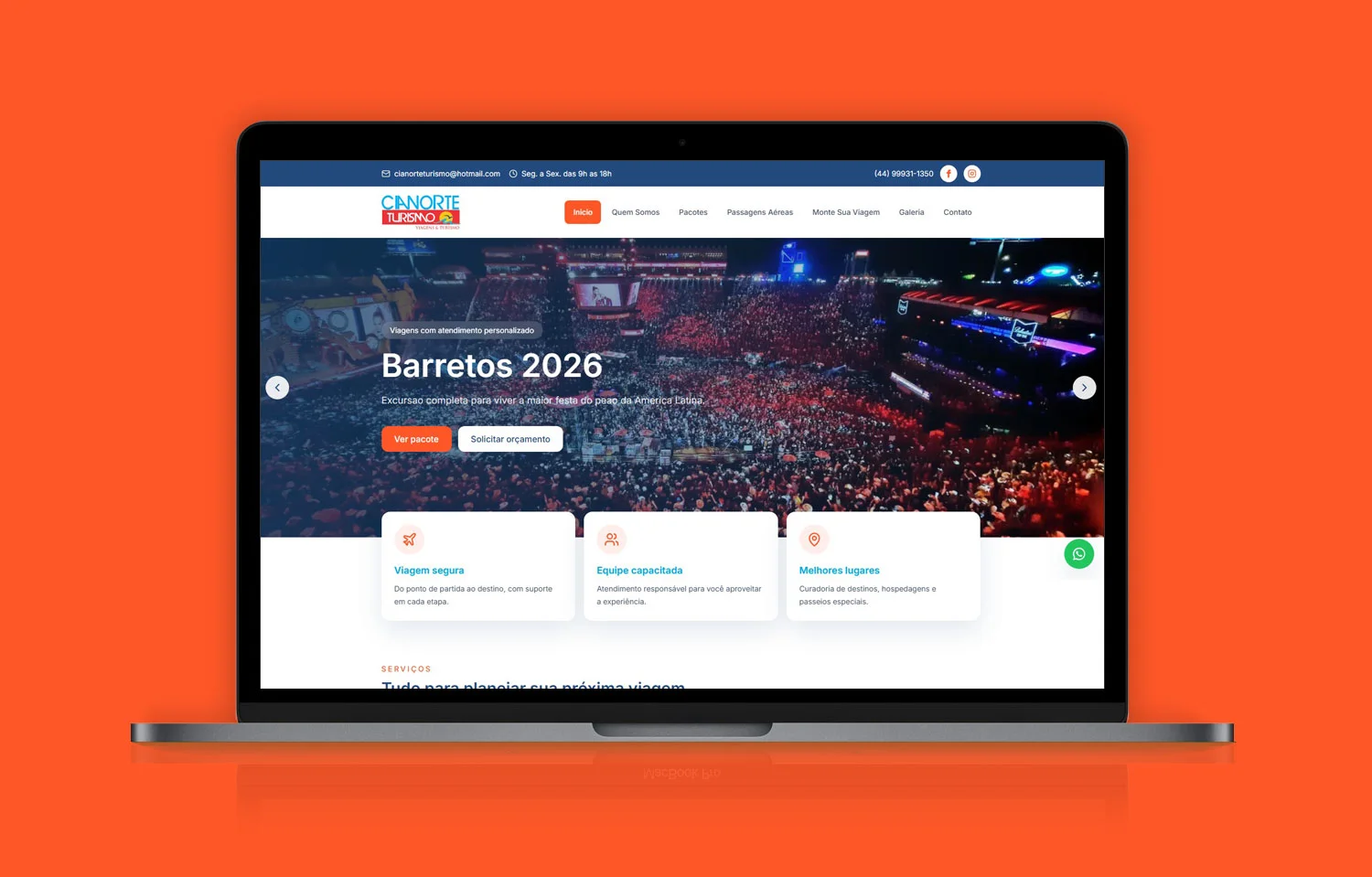 Página inicial do site da Cianorte Turismo, com destinos turísticos, pacotes de viagens e opções para solicitar orçamento.
