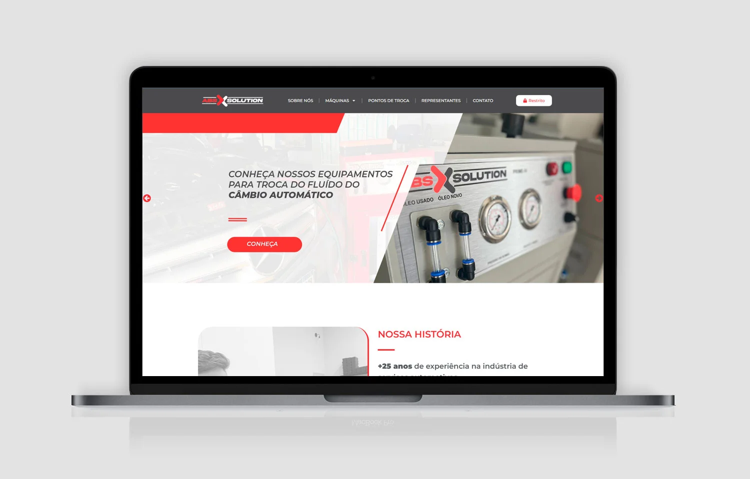 Página inicial do site institucional da ABS Solution, fabricante de máquinas e equipamentos para manutenção automotiva.
